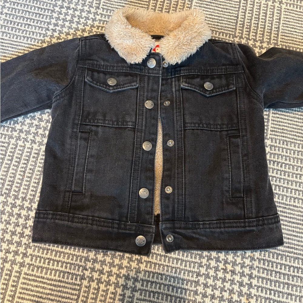 Kids Black Denim Jacket with Faux Fur Collar